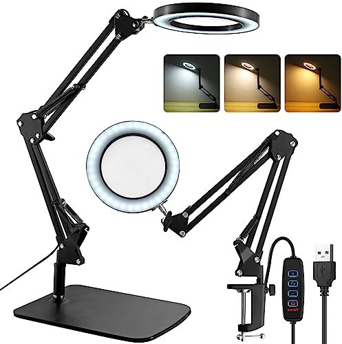 YGiTK Magnifying Glass with Light and Stand, Desk Magnifier Lamp with Adjustable Swing Arm LED Lighted Magnifying Glass with Clamp Real Glass Lens for Reading, Hobbies, Work & Crafting
