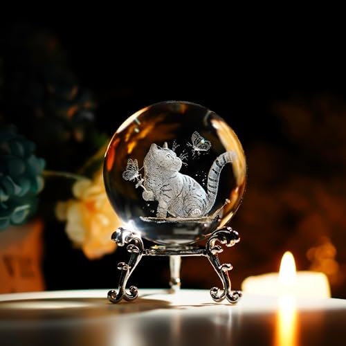 HD LIVING 3D-Katzen-Kristallkugel, Dekoration für Zuhause, Glas, lasergraviert, Katze mit Schmetterlingen, Briefbeschwerer, Ball mit Ständer