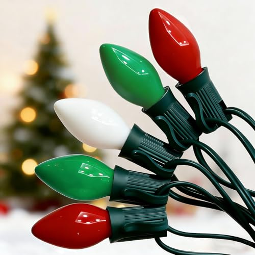 Oviejo C7 Incandescent Christmas Lights Multicolor, 25FT C7 Red Green White Vintage Christmas Lights with 27 Multicolor 5W Incandescent Bulbs for Christmas Tree/Holiday Party Decorations