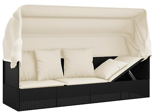 Homgoday Gartensofa, Gartensofa, Liegesofa für den Außenbereich, mit einziehbarem Baldachin, Rattan-Sofa für den Außenbereich, mit Kissen, Schwarz