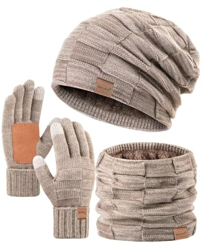 Winuesa Mütze, Schal & Handschuh-Sets für Damen Herren, Slouchy Beanie Mütze Herren Winter Strickmütze Touchscreen Handschuhe Schal Halswärmer Schlauchschal Geschenk set(Khaki)
