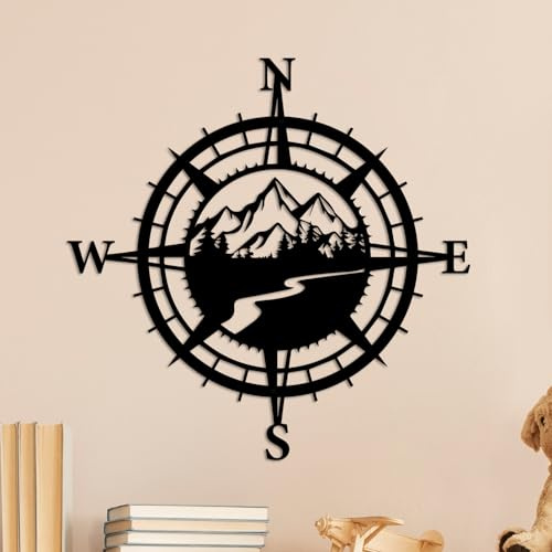 Resama Black Metal Mountain Nautical Compass Wall Decor | Forest Décorative Indoor or Outdoor Wall Hanging Art Perfect for Beach Coastal Themes