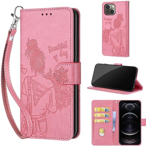 TOMYOU Handyhülle für iPhone 13/14 Hülle, Rosa | Stoßfeste Flip Schutzhülle, Kartenfächer, Standfunktion,Magnetisch, Kunstleder, Klappbar Brieftasche