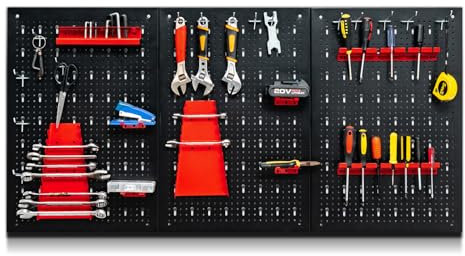 SOARS Pegboard Metal 120 x 60cm, 3 Panel Herramienta de Pared, Organizador de Herramienta para Taller y Garaje (28 Accesorios)