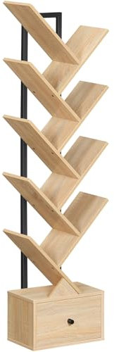 HOOBRO Scaffale a Forma di Albero, Libreria a 9 Livelli, Organizzatore per Libri, Portaoggetti per CD, Stile Vintage, per Soggiorno, Camera da Letto, Studio, Colore Legno Naturale e Nero EBN18SJ01G1