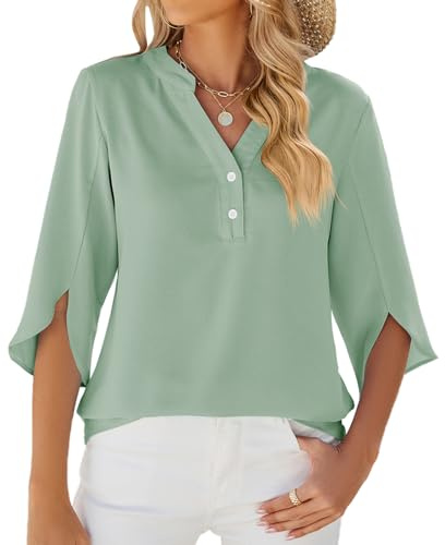 LEKOPUR Grün Bluse Damen Festliche Oberteile Tunika 3/4 Arm Damenblusen Chiffon Musselin Bluse Einfarbig Frühling Herbst Blusenshirt Flowy Sommerbluse