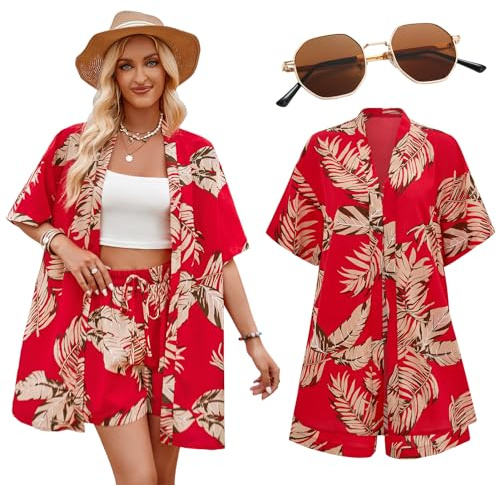 HarnyLoom Hawaii Hemd Damen Hawaii Outfit Kurzarm Shirt Shorts Hawaiihemd Floral Sommer Tropisch Aloha Strand Flamingo Hawaiian Lässig Sonnenbrille