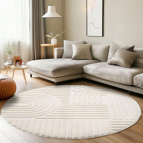 Carpettex Kurzflor Hochtief Teppich 200 cm Rund Creme Skandi-Look 3D Effekt Boho Muster Waschbar Flauschig Wohn- und Küchenraum