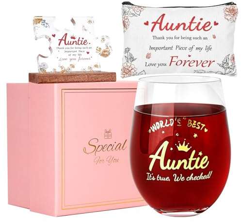 JOONYOEE Special Auntie Birthday Gifts from Nephew Niece, Personalised Stemless Red Wine Glasses Gifts Set for Aunty, Christmas Birthday Presents Ideas for Auntie, 19 Oz