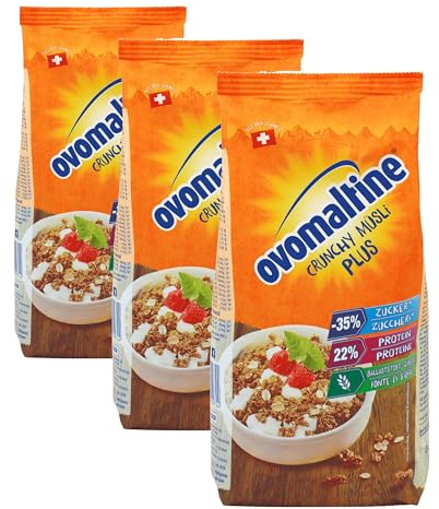 Ovomaltine Crunchy Protein Müsli Plus - Knusper- mit Haferflocken - Cerealienmischung mit 22 Prozent Protein, ein Drittel weniger Zucker und unvergleichlichem Crunch (1 x 300g) (Packung mit 3)