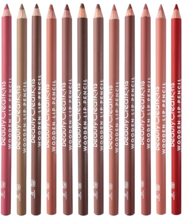 12 Colors Wooden Lip Liner Pencil Set, High Pigmented Soft Matte, Long Wearing, Deep and Rich in Color, Smudge Resistant