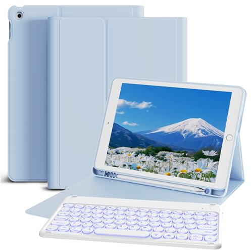 GKABXY Case with Keyboard for iPad 9th/8th/7th Generation (2021/2020/2019) 10.2 Inch with Pen Holder, Soft TPU Back, 7 Colors Backlit Detachable Wireless Bluetooth Round Key Keyboard, Sky blue