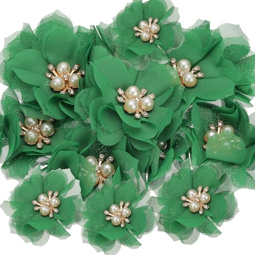 PATIKIL 2,36 Zoll Strass Perlen Chiffon Blume, 15 Stück Nähen Stoff Applikationen für DIY Handwerk Kleidung Stirnbänder Hochzeit Party Dekoration, Grün