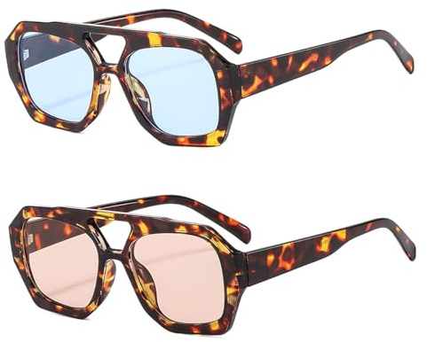 YAMEIZE 70s Retro Double Bridge Occhiali da Sole - da Pilota per Donna e Uomo - Occhiali da Sole Classici Hexagonal Quadrati da Guida