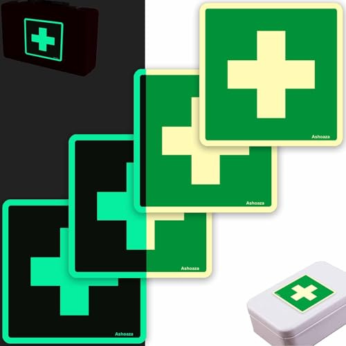 4 Stück - Leuchtfolie Schild Erste Hilfe Kunststoff 15 x 15 cm - Selbstklebender Hinweisschild - Rettungszeichen - Notfall - Verbandskasten Schild - mit UV-Schutz und Witterungsbeständig