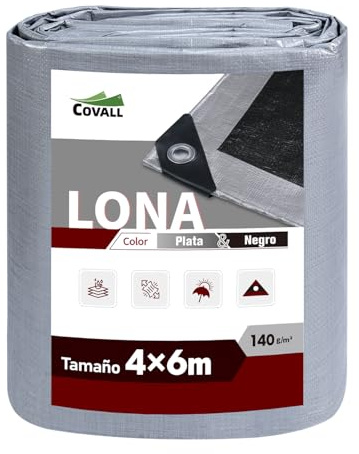 COVALL Plane 4x6m - Abdeckplane mit Ösen 140g/m², Silber/Schwarz Gewebeplane reißfest, wasserdicht, UV-Schutz - für LKW, Holz, Garten, Boot, Camping - Mehrzweck-Schutzplane