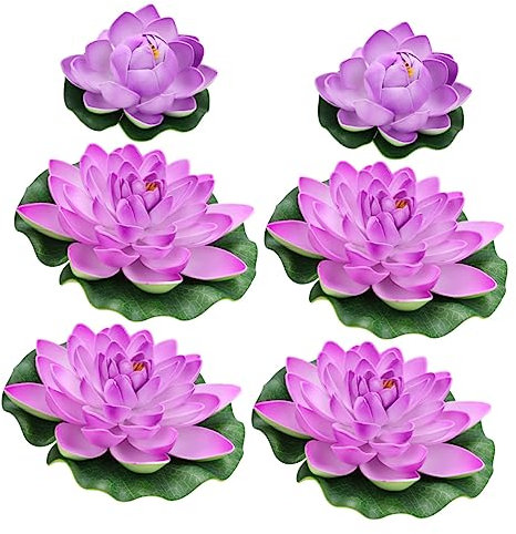 VANZACK Artificial Pond Plants Floating Lotus Flowers 6pcs Violet Plastic Water Lilies Simulation for Garden Pond Decor Home Aquarium Decoration