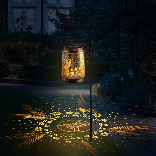 Suewidfay Hanging Solar Lights Outdoor Garden, Metal Waterproof Solar Lanterns, Hummingbird Garden Lanterns Solar Powered, Birthday Gifts for Women Mum Mothers Day (with Bracket)