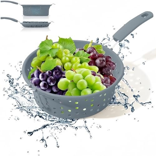 Collapsible Colander with Long Handle Silicone Colander Foood Strainer Kitchen Foldable Deep Strainer Sieve for Draining Pasta Noodles Spaghetti Vegetables Fruits, Space-Saving Design