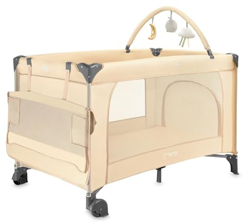 Momi BELOVE Plus 2-i-1 resesäng, hopfällbar, 2 höjder, för spädbarn upp till 9 kg och barn upp till 15 kg, med madrass, bar med leksaker, skötbord och bärväska