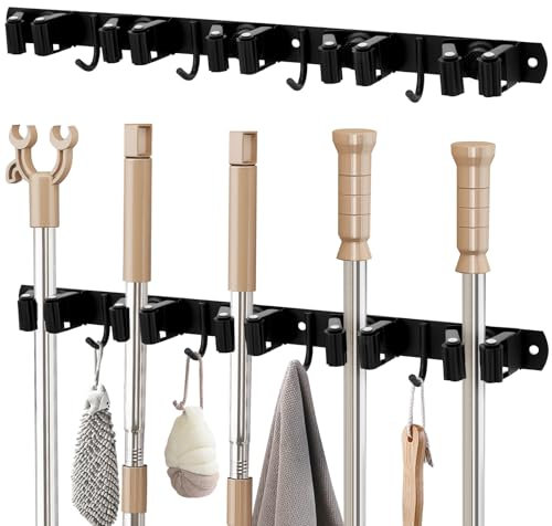 YUNYODA 2 Stück Besenhalterung Wand, Gerätehalter Edelstahl mit 5 Halter + 4 Haken, Selbstklebend Besenhalter Gartengerätehalter Wandhalterung Besen Mop Halter für Balkon Bad Garten Küche