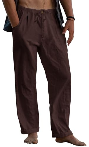 Runcati Pantaloni in Lino da Uomo, Baggy, Leggeri, Estivi, Lunghi, Uomo, Tinta Unita, Pantaloni da Tempo Libero, da Spiaggia, da Yoga, con Coulisse, marrone, XL