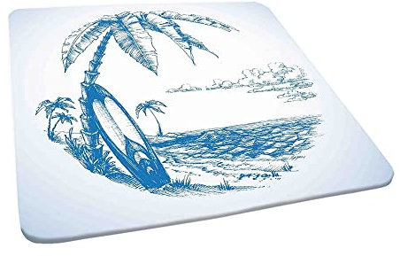 Moderne hawaiianische Strand-Tischdecke, elastische Passform für quadratische Tische, 157,5 x 157,5 cm, mit Surfbrett, Palmen und Ozean, perfekt für Küche, Party und Picknick