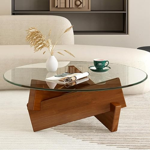 DazzlingZLL Table Basse Doré en Verre Trempée, Table Basse Ronde Salon, Cadre en Bois Massif, Tables d'appoint pour Canapé Bureau Balcon 80 cm (Brun)