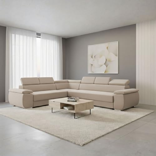 FORNIRO 24 eleganter Ecksofa 318x255cm Beige Wohnzimmer Couch Schlafsofa | Mit Schlaffunktion & Kissen - Stoff Premium | ausziehbar Gäste bequem Stauraum Design hochwertig Eckcouch Komfort robust