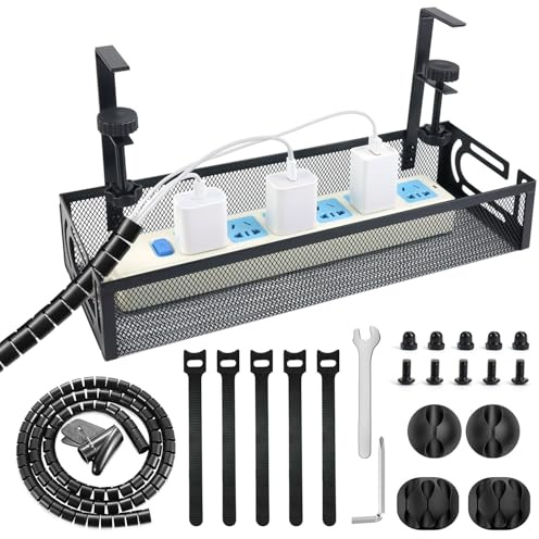 Qcdou Under Desk Cable Management Tray Black, No Drill, Metal Mesh Cable Management Under Desk tray, Wire Organiser, Cable Trunking with Clamp Mount, Cable Storage Box, for Office Home Kitchens