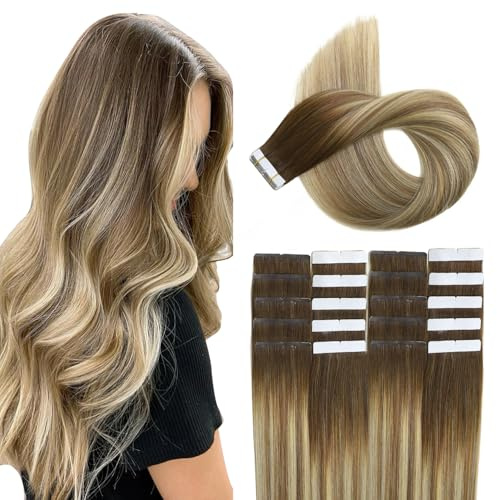 XDhair Tape Extensions Echthaar 35cm 50g 20 Stück Invisible Tape in Extensions Echthaar Remy Echthaar Extensions Tape #3/8/22 Braun bis Ash Braun und Goldblond