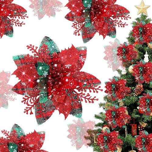 BSITSSS Lot de 10 Deco Sapin de Noel, Poinsettia Artificiel Motif à Carreaux Rouges et Verts, Fleur de Noel pour Fête Couronne Nouvel an Christmas Decoration Sapin