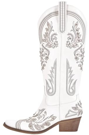 JHSDHYD Stivali Cowboy Donna Stivali da cowboy western bianchi ricamati con punta a punta da donna, stivaletti da cowgirl con tacco a blocco(Color7,9.5)