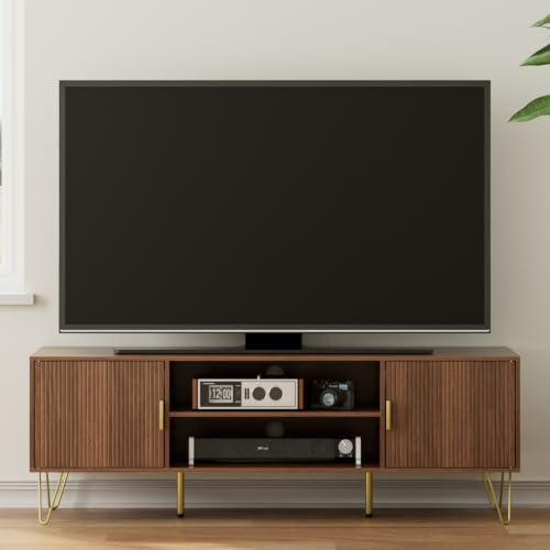 HEYZOEY TV Cabinet, Low Table for TV up to 60 Inch, 2-Door TV Board with Cabinet for Living Room (White, 137 x 38 x 48 cm)