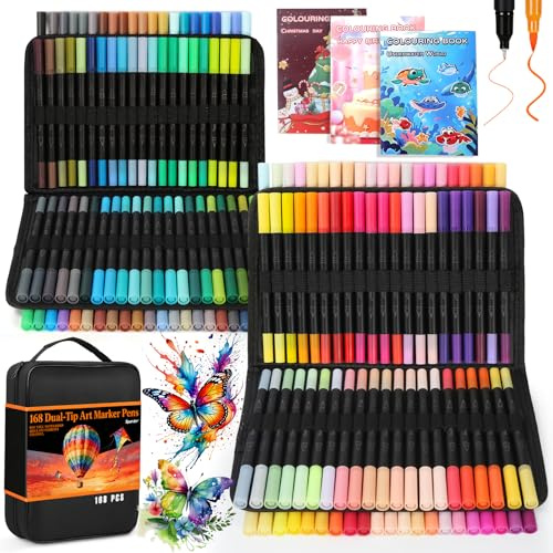 Spardar 168 Dual Brush Pen Set, mit Schwarzer Tragetasche Und 3 Malbücher | Filzstifte Dicke und Dünne, Doppelspitze für Kinder Und Erwachsene, für Kalligraphie, Manga, Malbücher und Handlettering