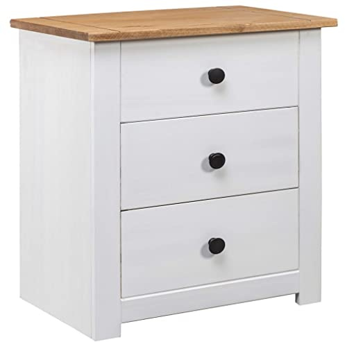 Runheo Table de chevet blanche 46 x 40 x 57 cm en pin massif, 3 tiroirs, poli, peint, laqué, table d'appoint pour chambre à coucher, salon, table de chevet robuste