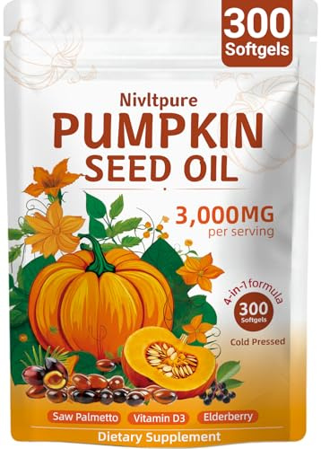 Nivltpure 4-in-1 Pumpkin Seed Oil 3000mg with Saw Palmetto & Vitamin D3 – Cold Pressed Softgels for Hair, Prostate & Bladder Wellness – Non-GMO, 300 Capsules (100-Day Supply)