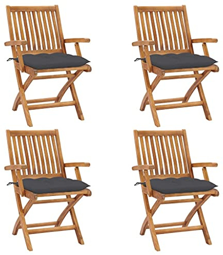 Mokuyary Fällbara trädgårdsstolar med kuddar, set om 4, massivt trä, teak, balkongstol, terrassstolar, matstolar för terrass, trädgård, balkong – A
