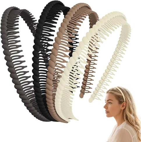 4 Zickzack Haarreifen Damen | Rutschfester Haarreif mit Klammern aus flexiblem Kunststoff, Haarreifen mit Zähnen für Make-up & Yoga, Beige Braun Schwarz Grau