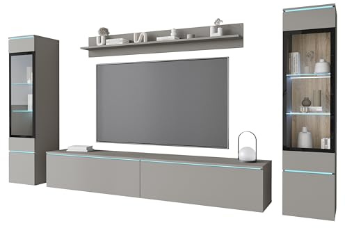 MINIO go for it - Wohnwand 4-Teilig Set Veve 2, Hängend/Stehend - mit LED | Vitrine, Lowboard, Wandboard, Farbe: Grau matt