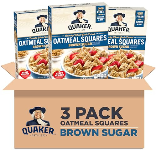 Quaker Oatmeal Squares Breakfast Cereal, Brown Sugar, 14.5oz Boxes (3 Pack)