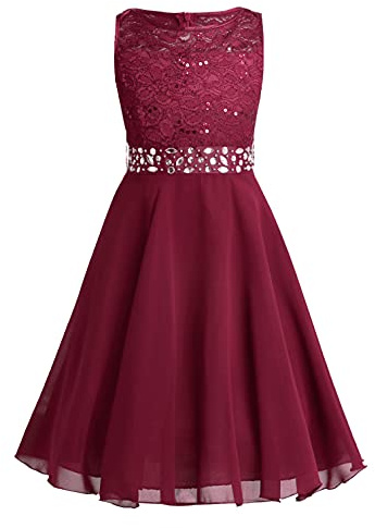 TiaoBug Festlich Mädchen Kleid für Kinder Prinzessin Spitzen Kleider Hochzeit Blumenmädchenkleid 92 104 116 128 140 152 164 Rot 164