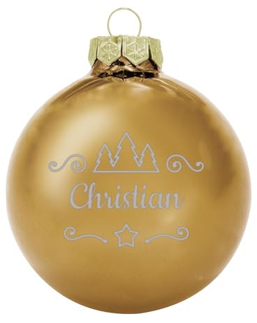 Deitert Weihnachtskugel mit Namen oder Wunschtext graviert, Ø 8cm, personalisierte Christbaumkugel aus Glas (glänzend), individueller Weihnachtsbaumschmuck mit Gravur, Tannen-Motiv, Gold