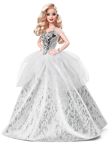 Barbie GXL21 Signature 2021 Holiday Puppe (30 cm, Blondes gewelltes Haar) im silbernen Kleid mit Puppenständer und Echtheitszertifikat, ab 6 Jahren