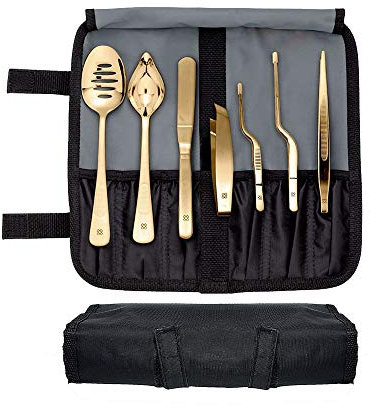 DOJA Barcelona | Kueche Chef Kochutensilien | Farbe: Goldene | 7 Utensilien Edelstahl Plating Kit | Kuechen-Werkzeug Koch Set | Deko Garnieren Gadgets | Pinzette, Schlitz, Loeffel, Spachtel Spatel...