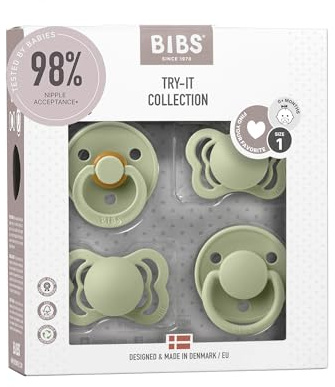 BIBS Try-it Schnuller, 0-6 Monate, 4er-Pack, Sage | Verschiedene Saugerformen | Naturkautschuklatex & Silikon | Größe 1 | BPA-frei | Hergestellt in Dänemark | Hohe Akzeptanz