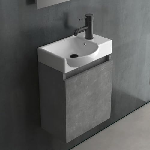 Alpenberger Gäste WC Waschbecken mit Unterschrank Keramik 45x25 cm Grau | Gäste WC Möbel aus Keramik & MDF: kleiner Waschtisch hängend mit Soft-Close Tür, Überlauf & grifflos – Links Becken