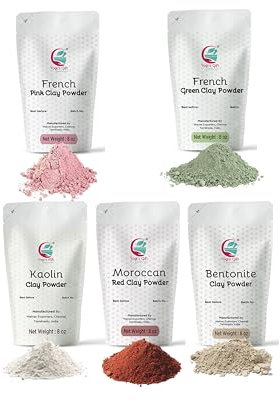 Packung mit 5 Tonen für die Masken- und Seifenherstellung | Rose, French Green, Kaolin, marokkanischer roter Ton und Bentonit-Ton | 227 g pro Stück | Bestes Paket für DIY-Projekte | Yogi's Gift®