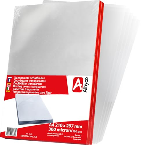Albyco Couvertures Transparents brillants, épaisseur 0,30 mm/300 micron, format A4, 210x297mm, Couverture en PVC, Couverture de reliure, Plats en PVC, Plats de couvertures