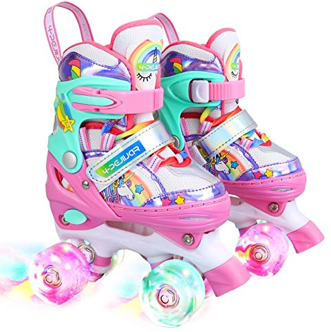 Kinder Einhorn Rollschuhe für Mädchen.Geeignet für 3-6 Jahre alt. Mit Leuchtenden Rädern,4-Pejiijar Verstellbar Anfänger Quad Roller Skates für Weihnachts und Geburtstags Geschenke S(30~33)